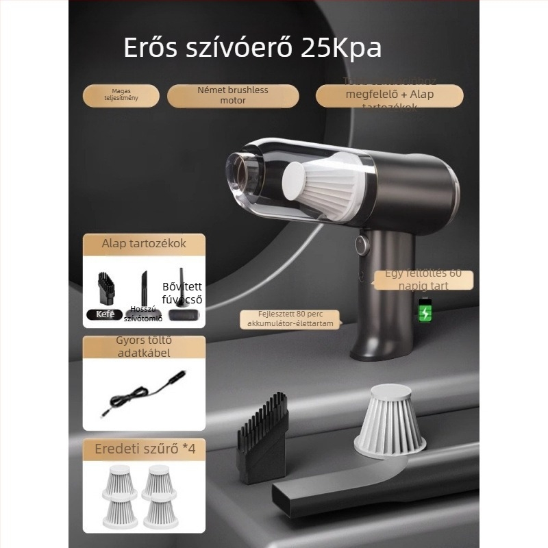 Kézi autós porszívó vezeték nélküli töltéssel, erős szívás 11000 Pa, kompakt, 120 W bemeneti teljesítmény