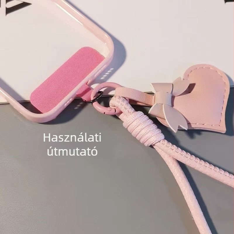 Kézzel készített PU bőrből készült telefonnyaklánc szívmedállal, csuklópánttal és fémcsattal