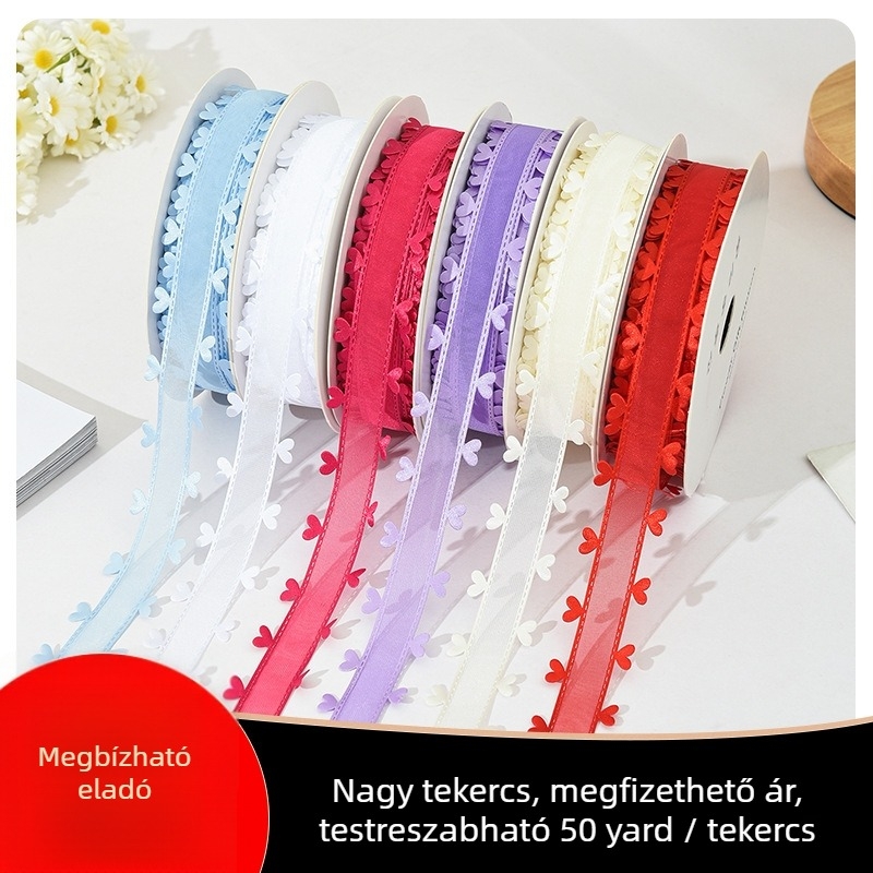 Kétoldalú szív alakú szalag hajékszer, DIY masni virágdíszítéssel, ajándékcsomagoló szalag