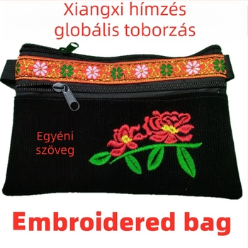Hímzett táska etnikus mintával, plüss anyagból, váll- és keresztpántos kivitel, mobiltelefon-zsebbel, cipzárral