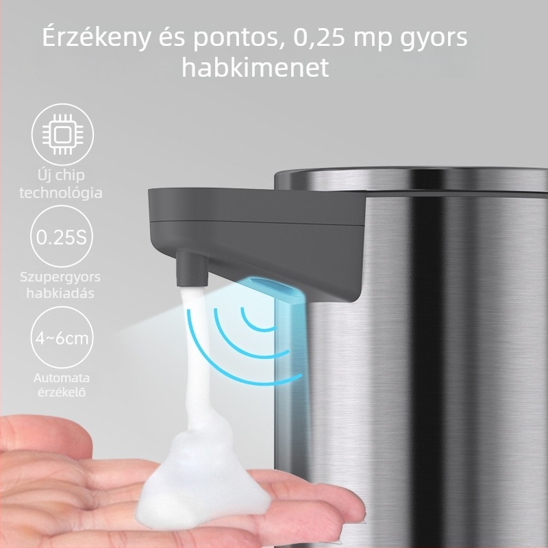 Automatikus szappanadagoló szenzorral, rozsdamentes acél, falra szerelhető, indukciós működés, ujjlenyomat-mentes felület, 500 g
