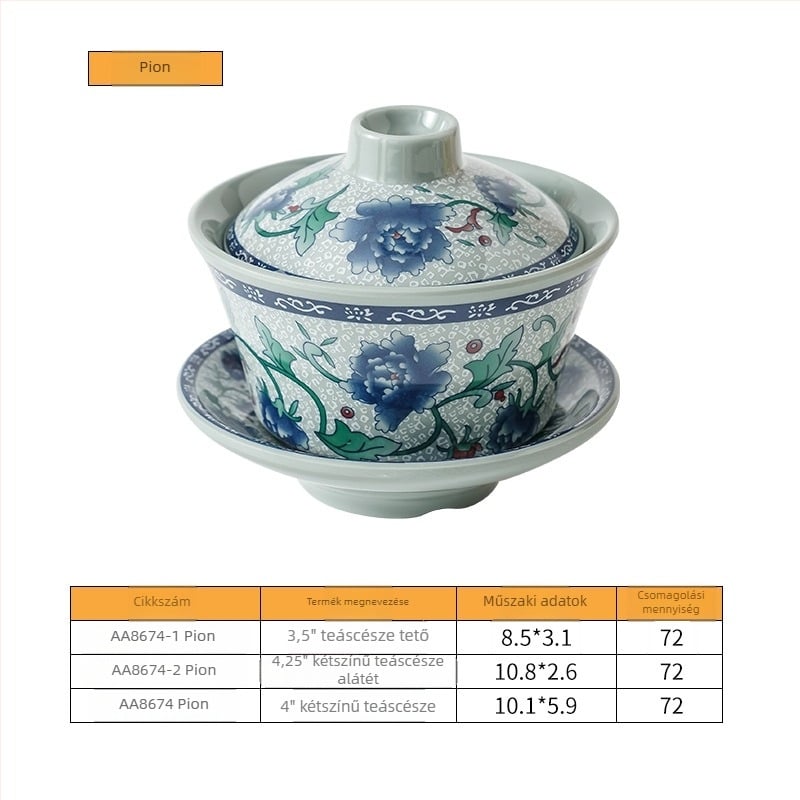 Melamin étkészlet gaiwan-stílusú fedeles teás pohárral, kilenc négyzetes mintázat, porcelánhatás, kék-fehér arcvonal motívum, sárga sárkány zománc
