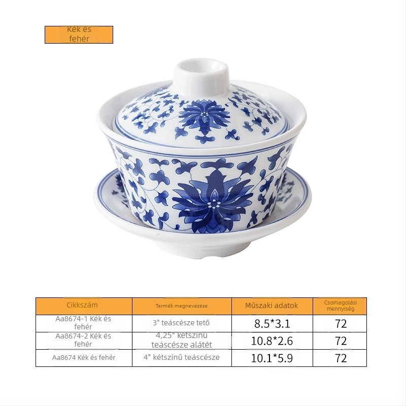 Melamin étkészlet gaiwan-stílusú fedeles teás pohárral, kilenc négyzetes mintázat, porcelánhatás, kék-fehér arcvonal motívum, sárga sárkány zománc
