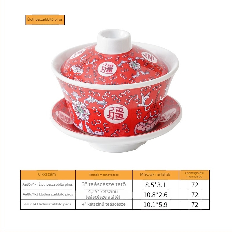 Melamin étkészlet gaiwan-stílusú fedeles teás pohárral, kilenc négyzetes mintázat, porcelánhatás, kék-fehér arcvonal motívum, sárga sárkány zománc