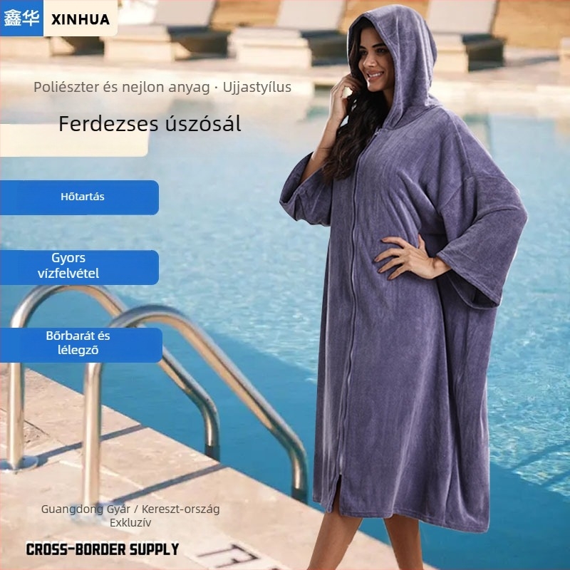 Uniszex mikroszálas köntös poncsó kapucnival, gyorsan száradó és nedvszívó törölköző, 400–500 g, 150d szál, sima szövés