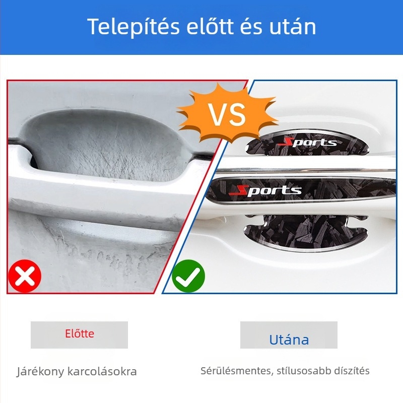 Autó ajtóvédő szalag karbon mintával – univerzális 8-darabos készlet ragasztó alapú védelem az ajtókhoz és kilincsekhez, ütkozés elleni védelem