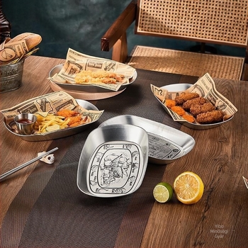 Retro tinplate tál sült csirke és sült krumplival, piknik tál, kreatív fém tál, nassolnivaló és aszalt gyümölcs tál, Koreai stílusú nasi tál