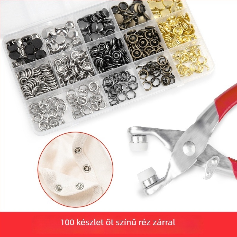 Fém ötkarú snapgombok, rejtett kivitel ruházathoz – tartalmaz szerelési eszközöket