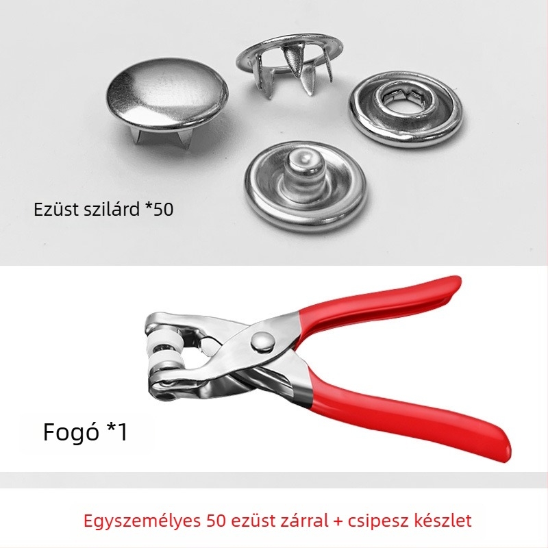 Fém ötkarú snapgombok, rejtett kivitel ruházathoz – tartalmaz szerelési eszközöket