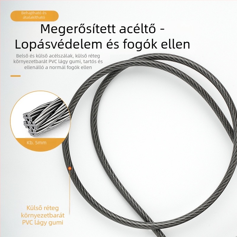 Mechanikus acélkábeles lakat, 5 mm zárókar, modell G-GSGS-240420, poggyászhoz, szekrényajtókhoz és kerékpárkosarakhoz