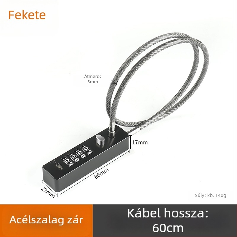 Mechanikus acélkábeles lakat, 5 mm zárókar, modell G-GSGS-240420, poggyászhoz, szekrényajtókhoz és kerékpárkosarakhoz