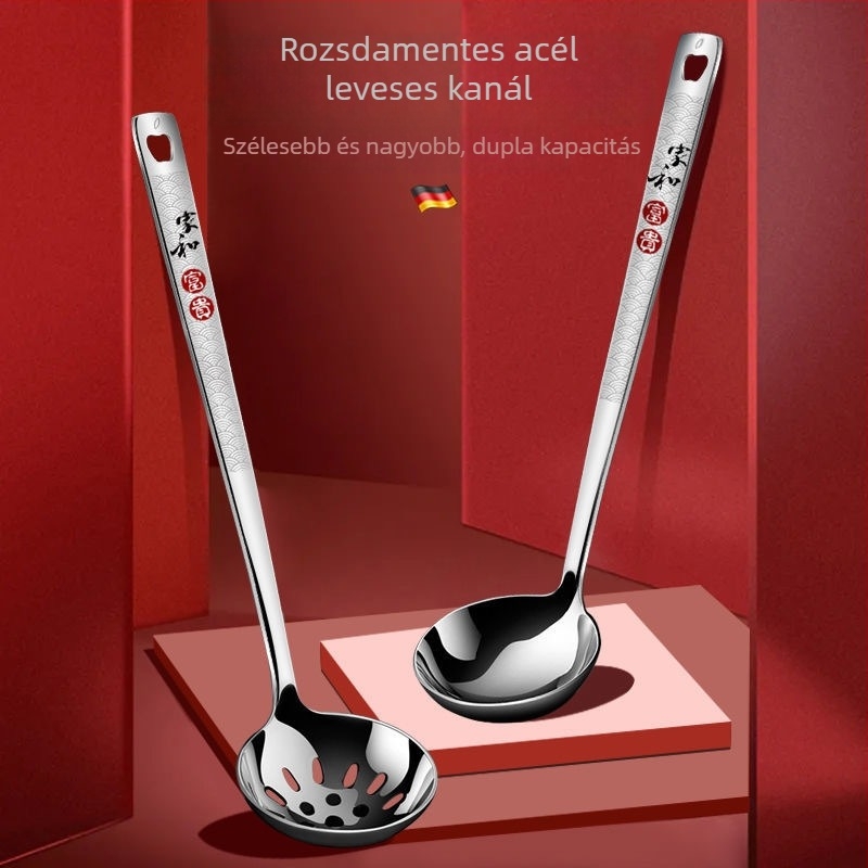 Rozsdamentes acélból készült hosszú nyelű perforált kanál – készlet, nagy kör fejű