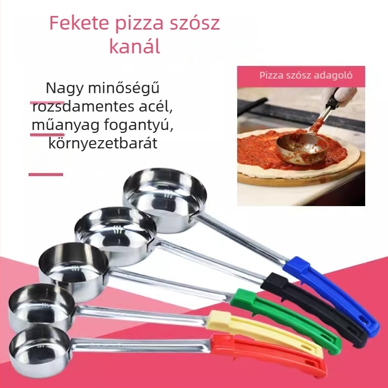 Raino rozsdamentes acél szószkanál — pizza szósz kanál, lapos aljú kanál, modern megjelenés, nyomtatott logó