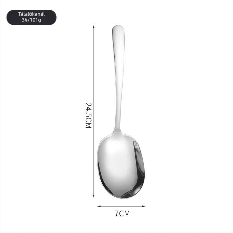 Rozsdamentes acél tálalókanál, modern minimalist dizájn, tükrös felület, nyomtatott logó