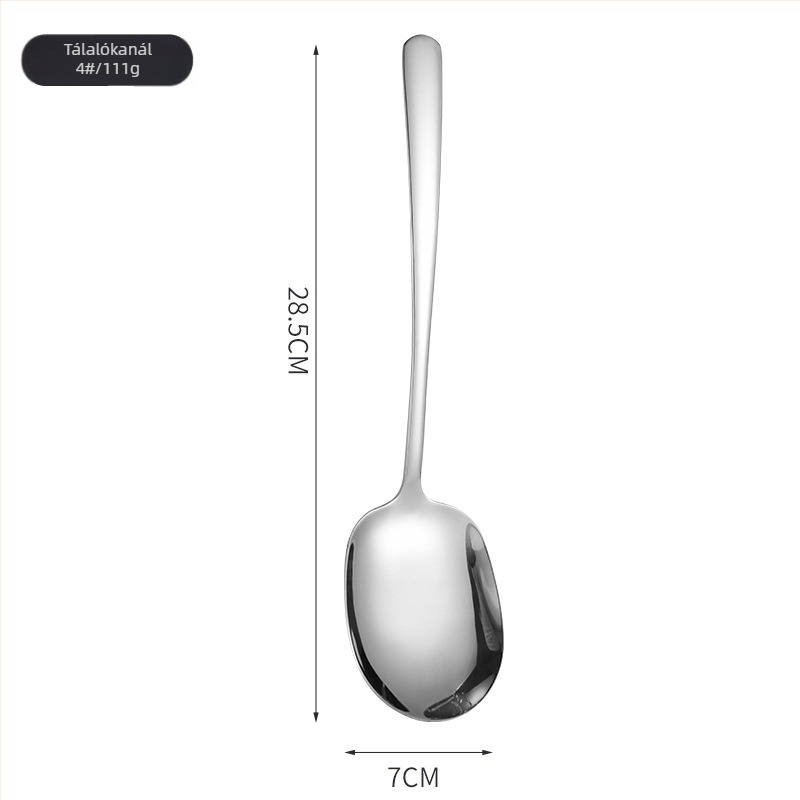 Rozsdamentes acél tálalókanál, modern minimalist dizájn, tükrös felület, nyomtatott logó