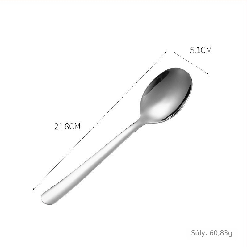 Rozsdamentes acél tálalókanál, modern minimalist dizájn, tükrös felület, nyomtatott logó