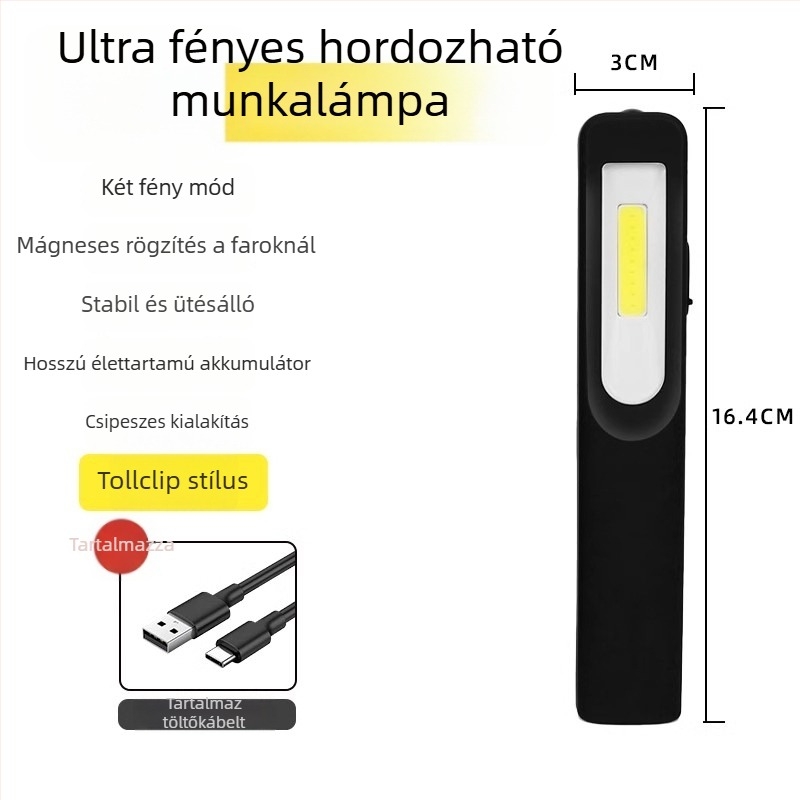Feltölthető COB+CPE LED autójavító munkalámpa, 350+ lm, mágneses alap, 4-7 óra működési idő