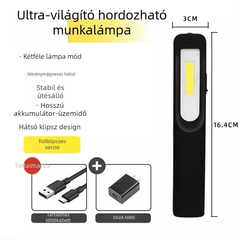 Feltölthető COB+CPE LED autójavító munkalámpa, 350+ lm, mágneses alap, 4-7 óra működési idő