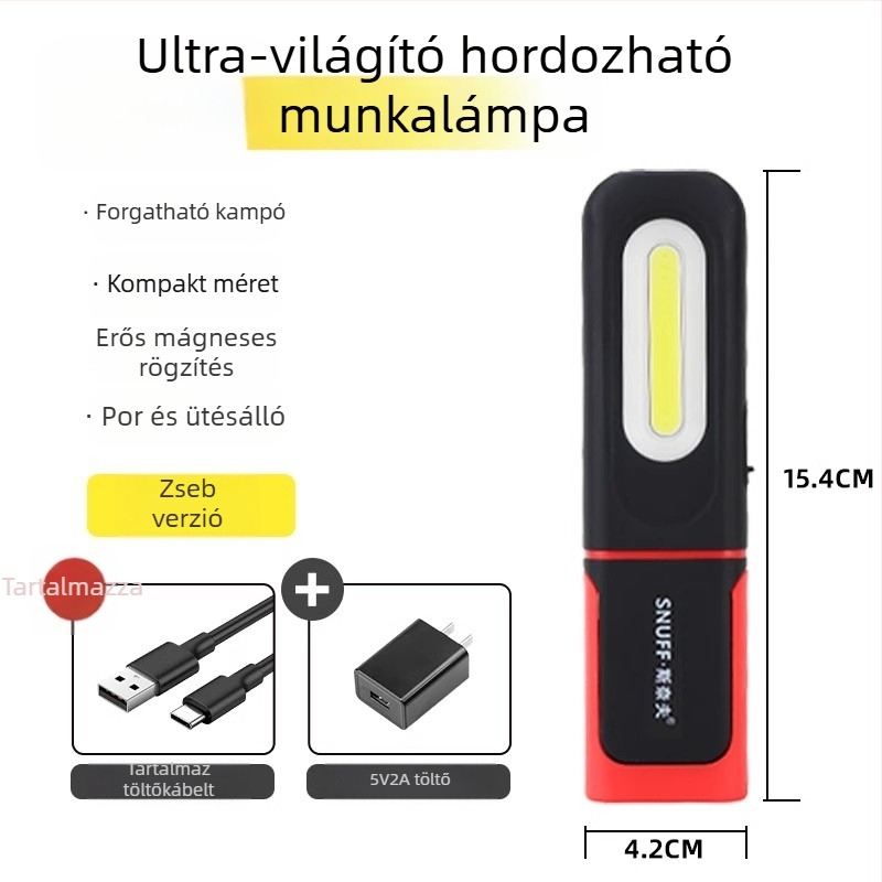 Feltölthető COB+CPE LED autójavító munkalámpa, 350+ lm, mágneses alap, 4-7 óra működési idő