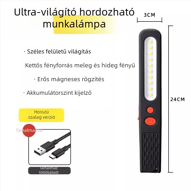 Feltölthető COB+CPE LED autójavító munkalámpa, 350+ lm, mágneses alap, 4-7 óra működési idő