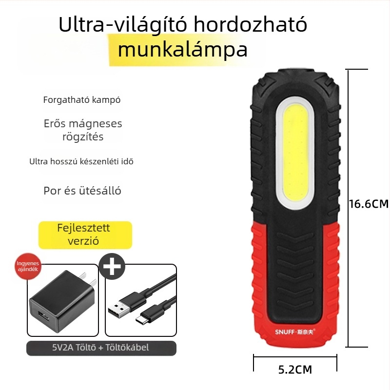 Feltölthető COB+CPE LED autójavító munkalámpa, 350+ lm, mágneses alap, 4-7 óra működési idő