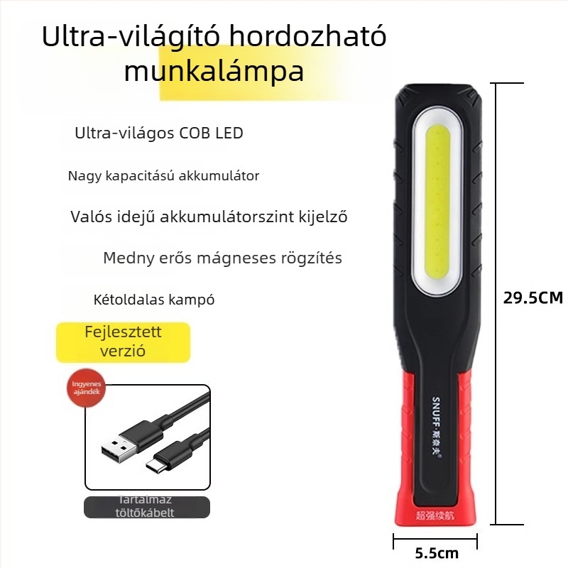 Feltölthető COB+CPE LED autójavító munkalámpa, 350+ lm, mágneses alap, 4-7 óra működési idő