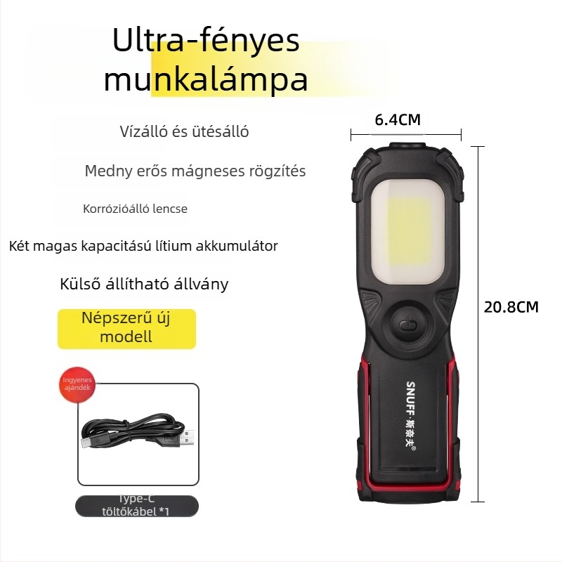 Feltölthető COB+CPE LED autójavító munkalámpa, 350+ lm, mágneses alap, 4-7 óra működési idő
