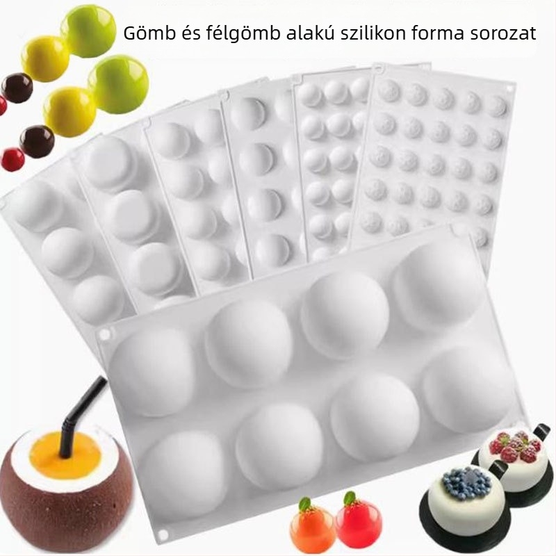 Szilikonból készült süteményformák — különböző gömb és félkör alakú minták; anyag: szilikon; kategória: sütőformák/tortaformák; stílus: modern minimalist; csomagolás: egyedi csomagolás