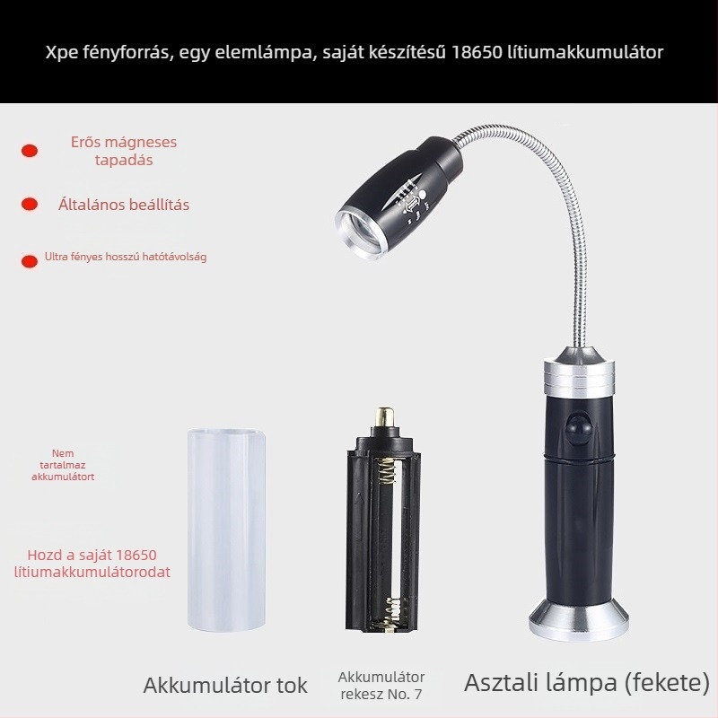 LED tömlős munkalámpa, Ledora chip, újratölthető, állítható fókusz, test alumínium ötvözet, ≤100 lm