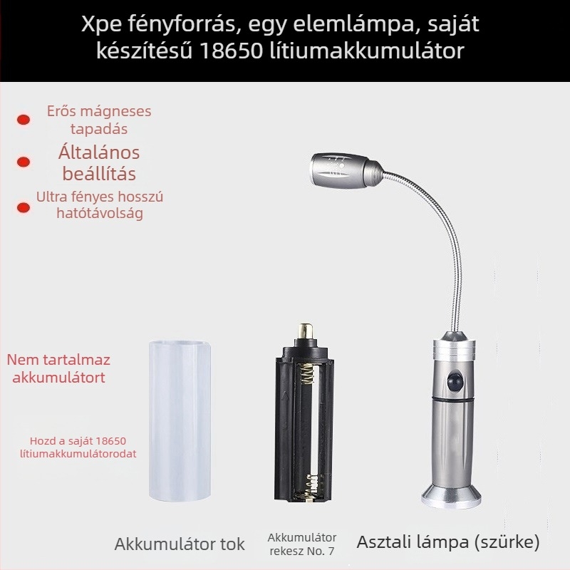 LED tömlős munkalámpa, Ledora chip, újratölthető, állítható fókusz, test alumínium ötvözet, ≤100 lm
