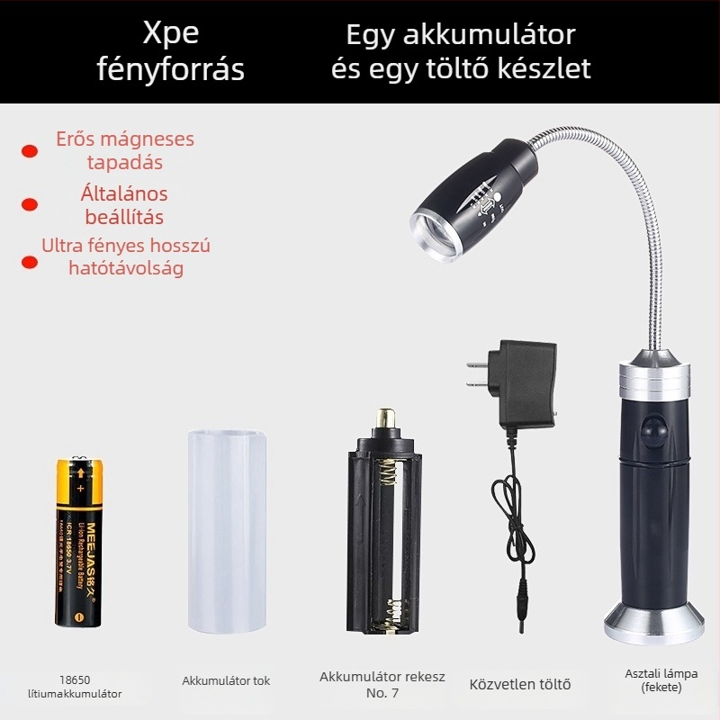 LED tömlős munkalámpa, Ledora chip, újratölthető, állítható fókusz, test alumínium ötvözet, ≤100 lm