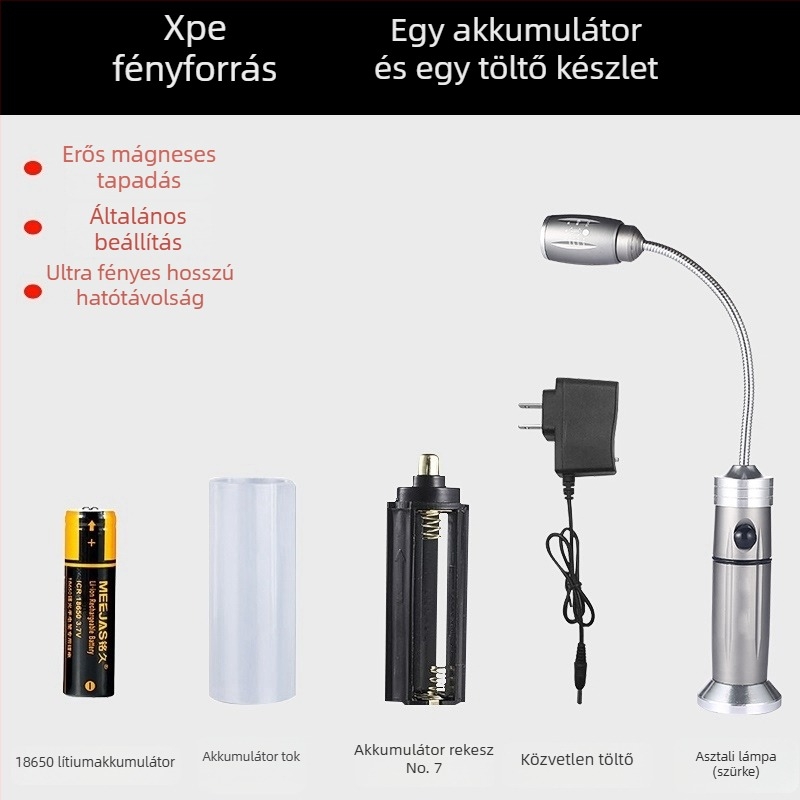 LED tömlős munkalámpa, Ledora chip, újratölthető, állítható fókusz, test alumínium ötvözet, ≤100 lm