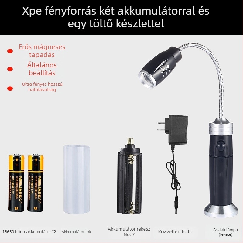 LED tömlős munkalámpa, Ledora chip, újratölthető, állítható fókusz, test alumínium ötvözet, ≤100 lm