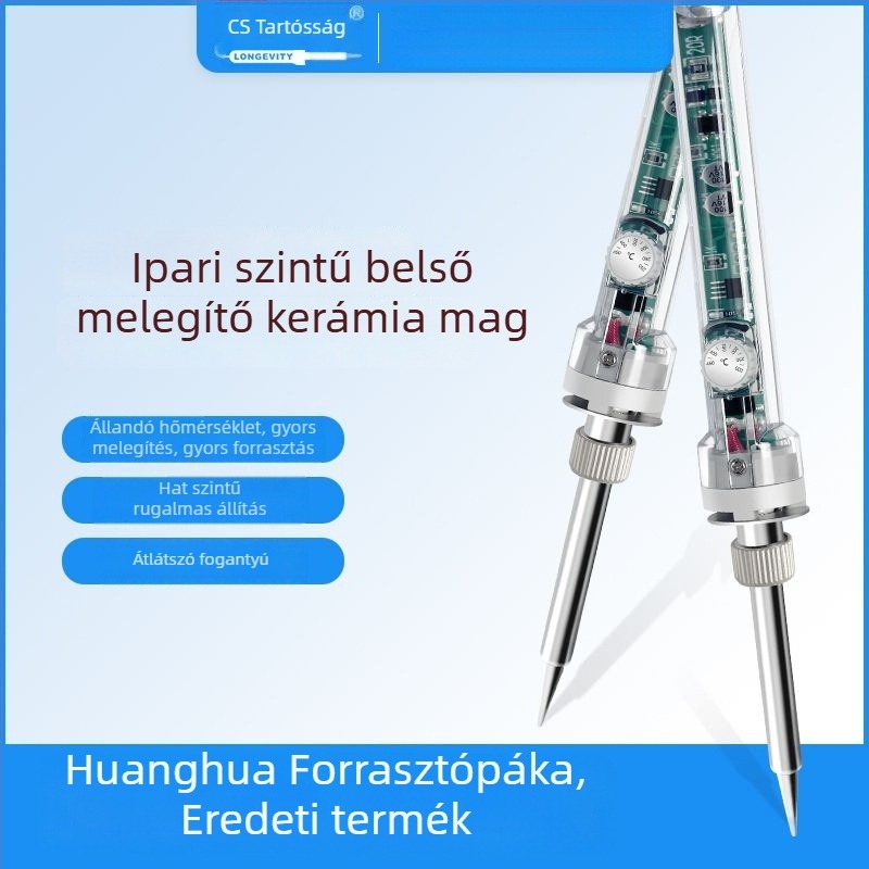 Elektromos forrasztóvas állandó hőmérséklettel, szabályozható hőmérséklet, belső fűtés, rozsdamentes acél test, forrasztáshoz csatlakozók és finom vezetékek