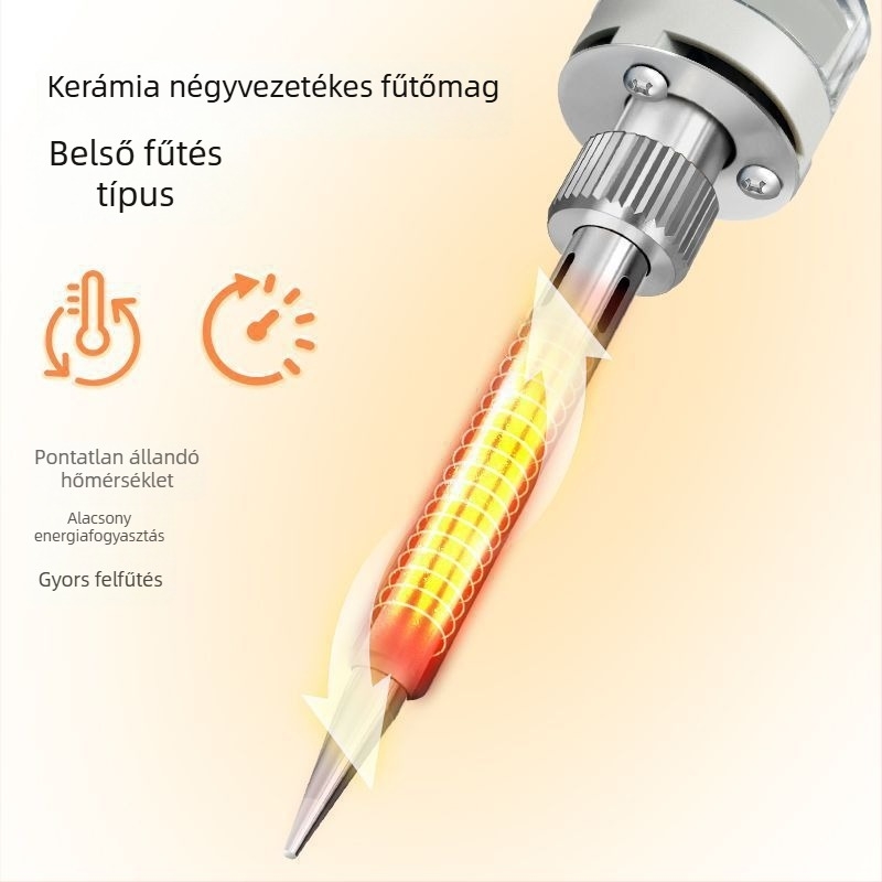 Elektromos forrasztóvas állandó hőmérséklettel, szabályozható hőmérséklet, belső fűtés, rozsdamentes acél test, forrasztáshoz csatlakozók és finom vezetékek