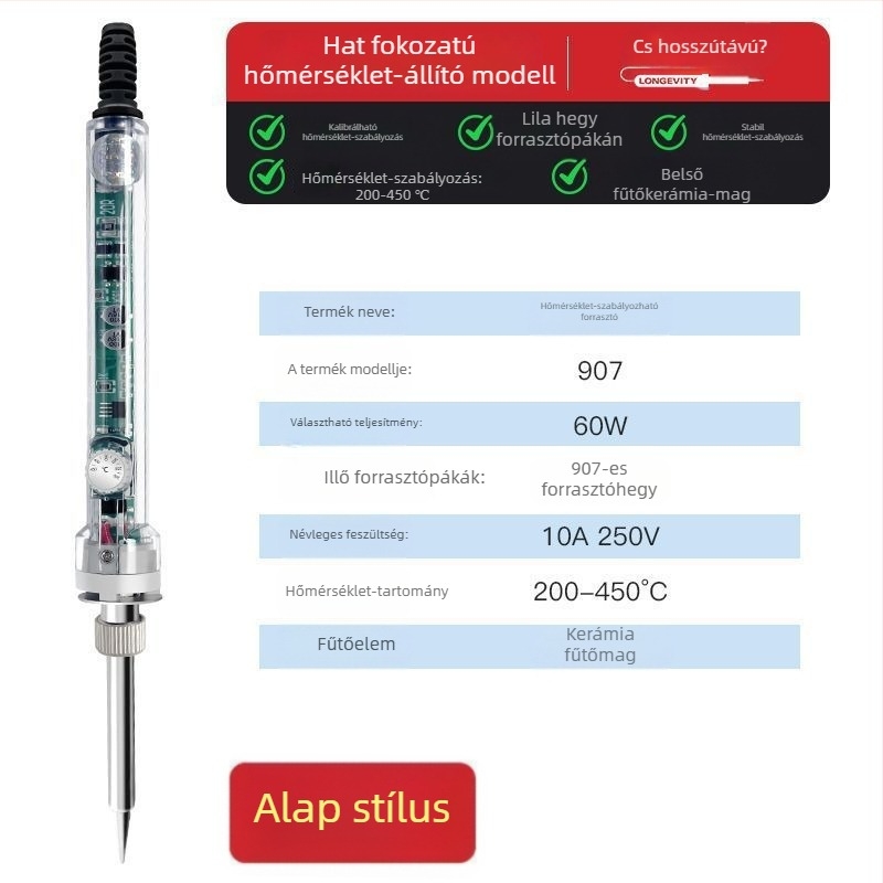 Elektromos forrasztóvas állandó hőmérséklettel, szabályozható hőmérséklet, belső fűtés, rozsdamentes acél test, forrasztáshoz csatlakozók és finom vezetékek