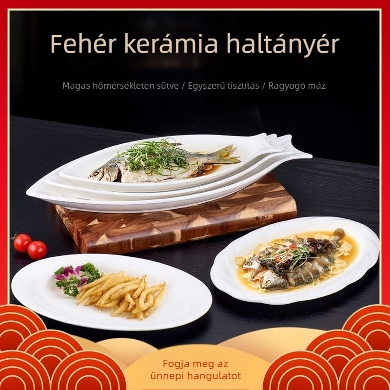 Halas tál, kerámia, ovális, modern minimalist stílus, aláglazúros díszítés
