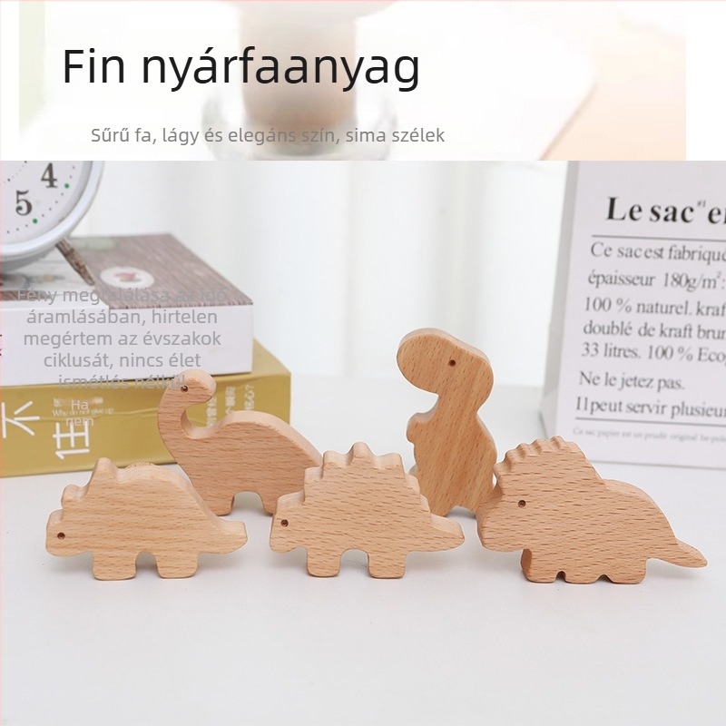 Fából készült szekrényajtó fogantyú gyerekszobába, gravírozott dinoszaurusz motívummal, nordic stílus