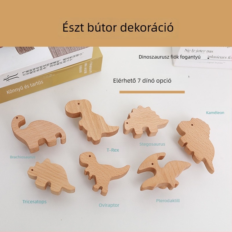 Fából készült szekrényajtó fogantyú gyerekszobába, gravírozott dinoszaurusz motívummal, nordic stílus