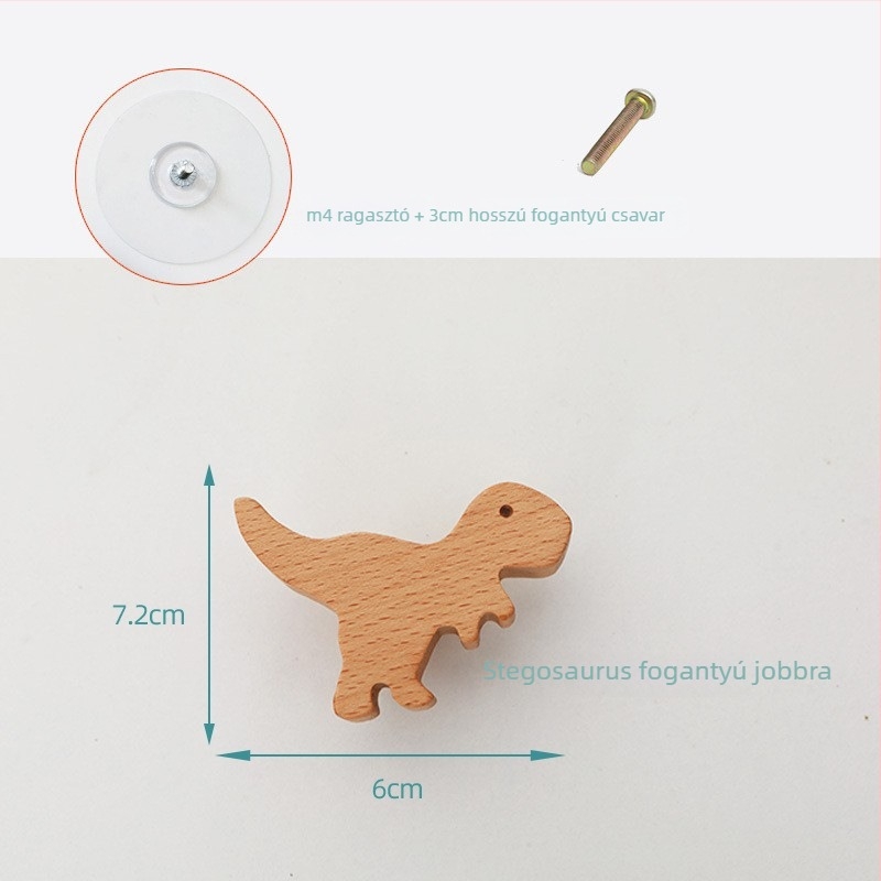 Fából készült szekrényajtó fogantyú gyerekszobába, gravírozott dinoszaurusz motívummal, nordic stílus