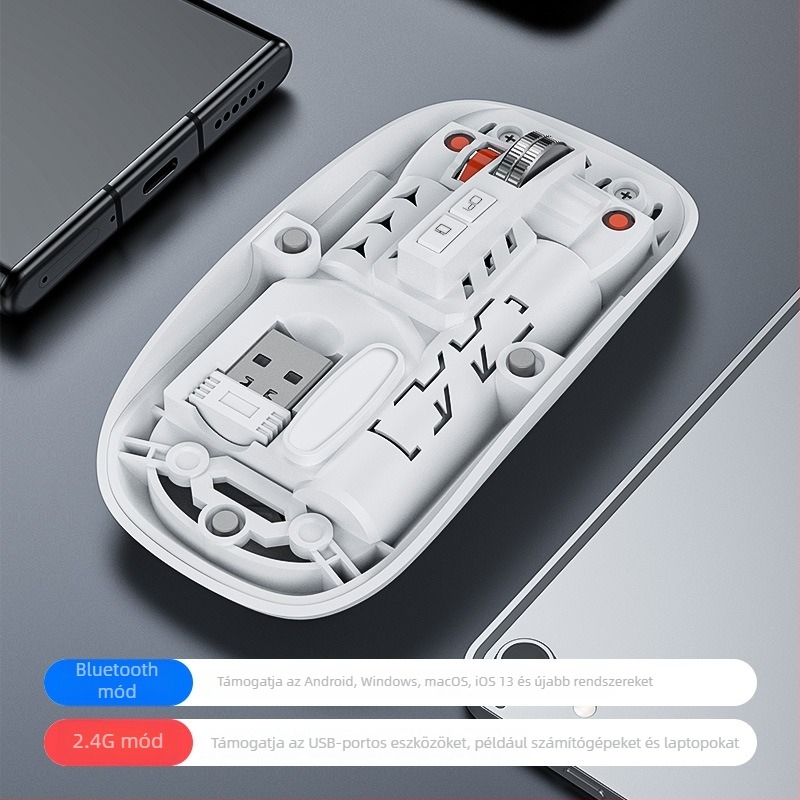 Vezeték nélküli Bluetooth egér, két módú 2,4G/Bluetooth, 5 gomb, DPI 800/1000/1400, ergonómikus, újratölthető 400mAh