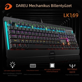 Dahlyou LK169 mechanikus billentyűzet, 104 gomb, zöld tengely, kábeles, kevert háttérvilágítás