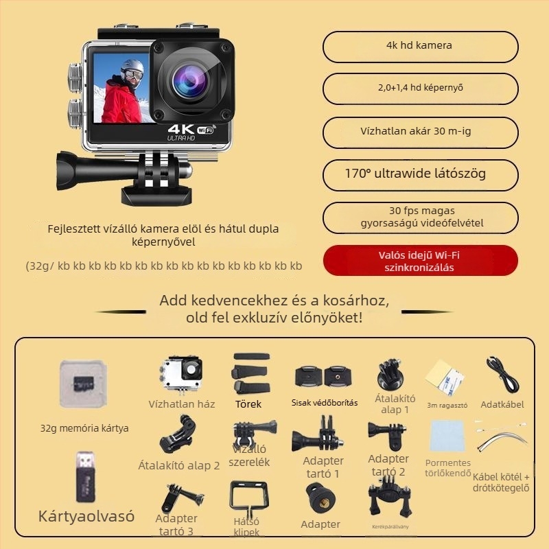 Motorkerékpár sisakkamera kettős stabilizálás, 4K felvétel, 360° panoráma, 1,5" LCD, 10x optikai zoom