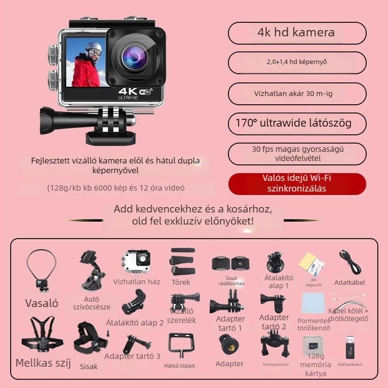 Motorkerékpár sisakkamera kettős stabilizálás, 4K felvétel, 360° panoráma, 1,5" LCD, 10x optikai zoom