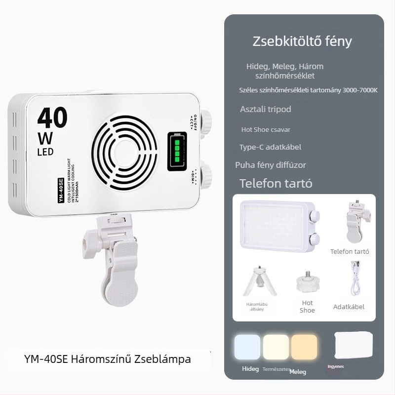 40W LED töltőfény - kézben tartható, beépített akkumulátor, 7.4V, élő közvetítéshez, fényképezéshez és videózáshoz, kültéren
