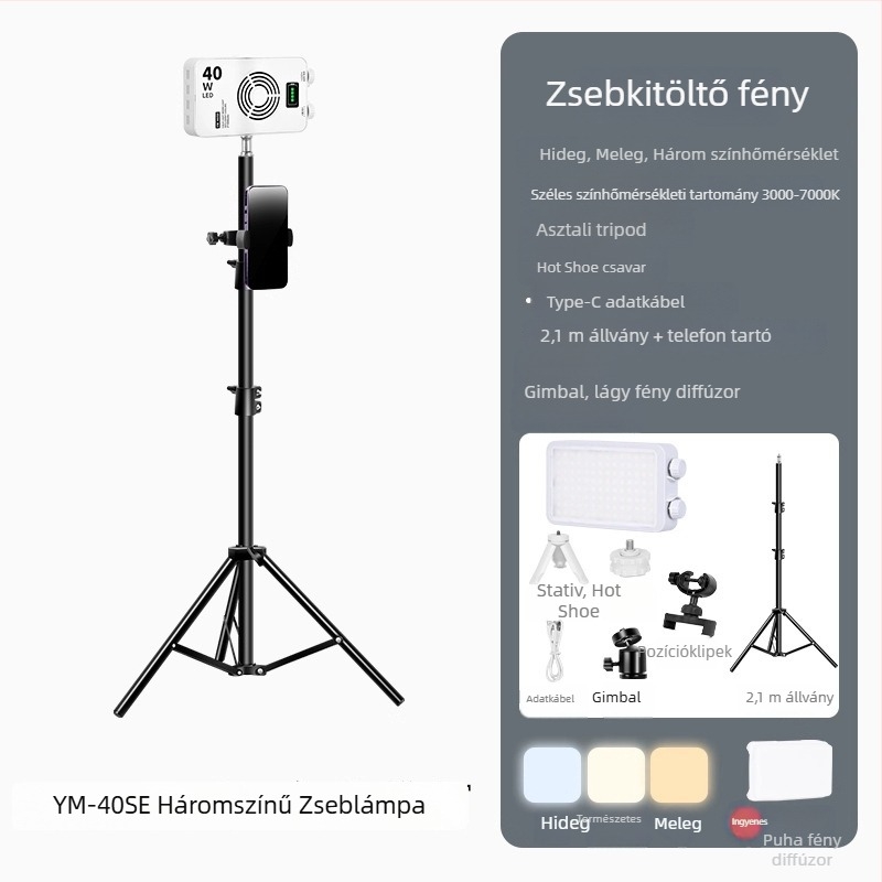 40W LED töltőfény - kézben tartható, beépített akkumulátor, 7.4V, élő közvetítéshez, fényképezéshez és videózáshoz, kültéren