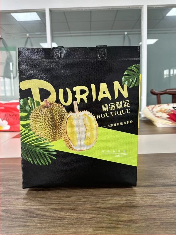 Durian nemszőtt bevásárlótáska gyümölcsboltban történő csomagoláshoz – laminált nyomtatás, logónyomtatás, alja és oldalai, készleten / testreszabható