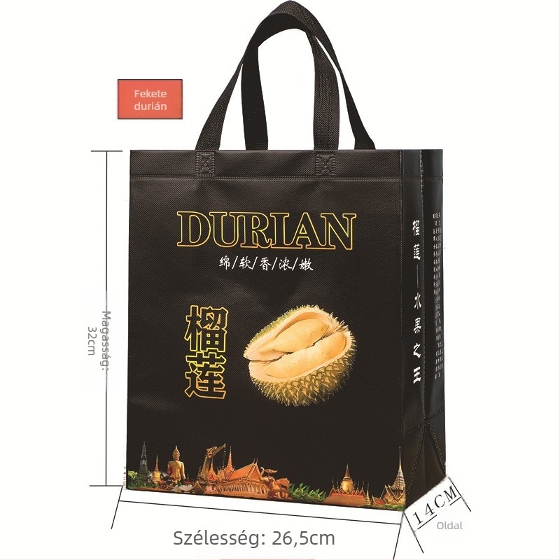 Durian nemszőtt bevásárlótáska gyümölcsboltban történő csomagoláshoz – laminált nyomtatás, logónyomtatás, alja és oldalai, készleten / testreszabható