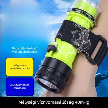 Búvár zseblámpa víz alatti világításhoz, vízálló, újratölthető, műanyag ház, erős fény, tengeri horgászat