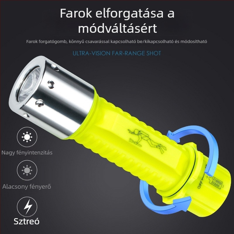 Búvár zseblámpa víz alatti világításhoz, vízálló, újratölthető, műanyag ház, erős fény, tengeri horgászat